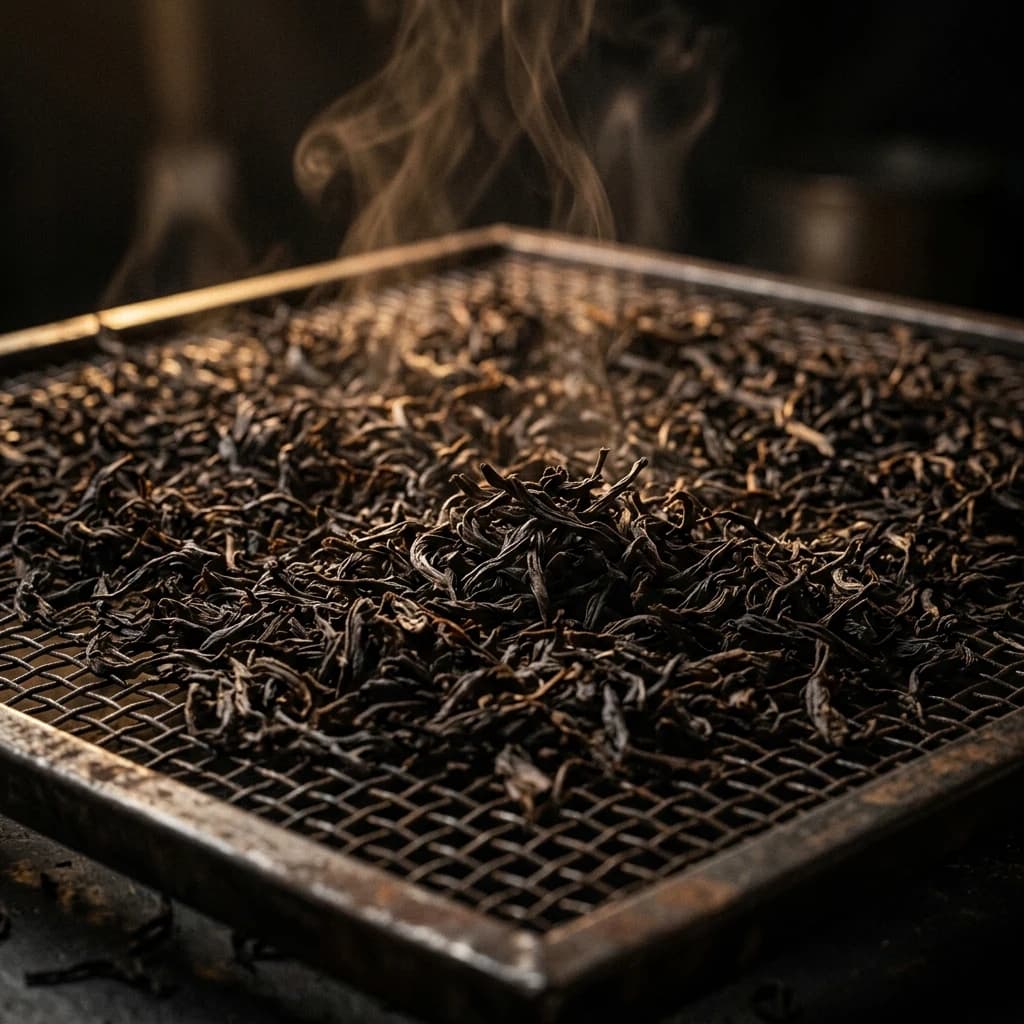 Finished black tea leaves on a wire drying tray with steam rising