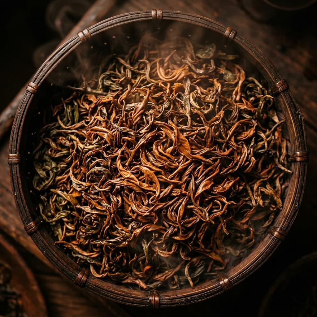 Tea leaves oxidising to copper-brown in warm humid air