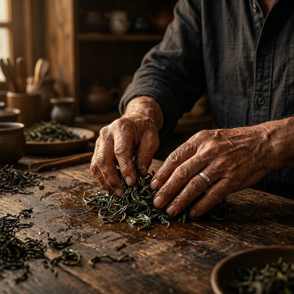 Expert hands rolling and twisting tea leaves